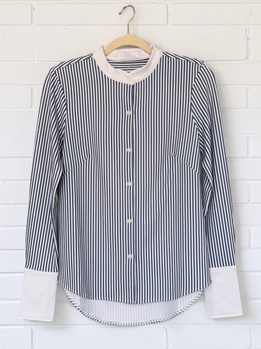 922 Dudley Stephens Edie Button Down Blue Pinstripe Repreve Stretch XS